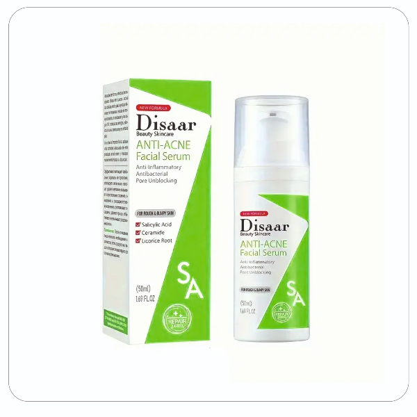 Sérum facial anti acné Disaar de 50 ml con su caja, con ácido salicílico y ceramidas