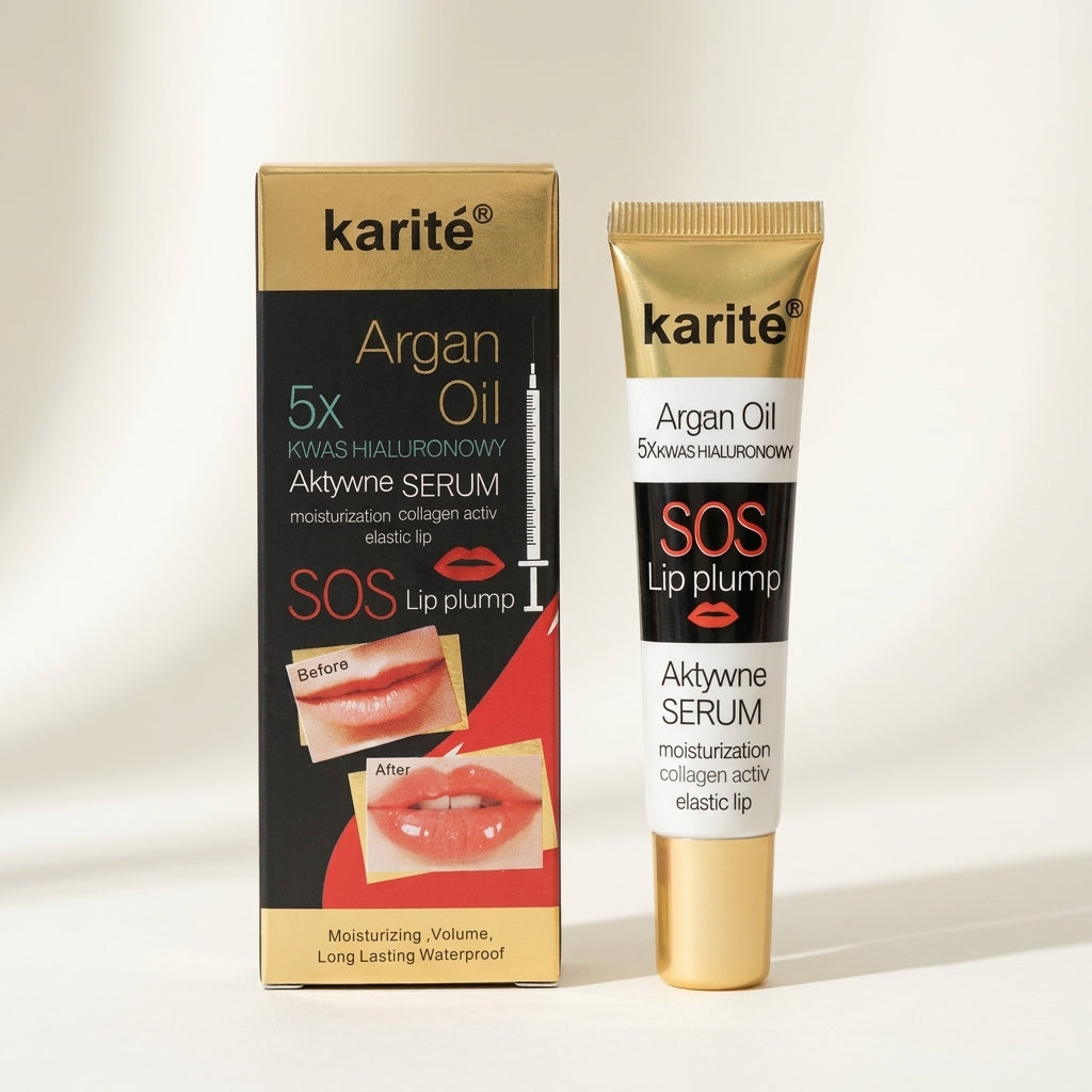 Sérum voluminizador de labios Karité con aceite de argán, envase y caja, disponible en Paraguay