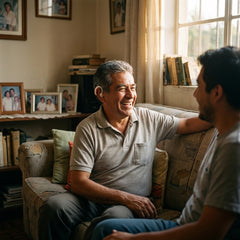 Hombre conversando con su hijo en el living, con el aparato auditivo puesto