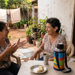 Mujer tomando terere con una amiga en el patio, con el aparato auditivo puesto