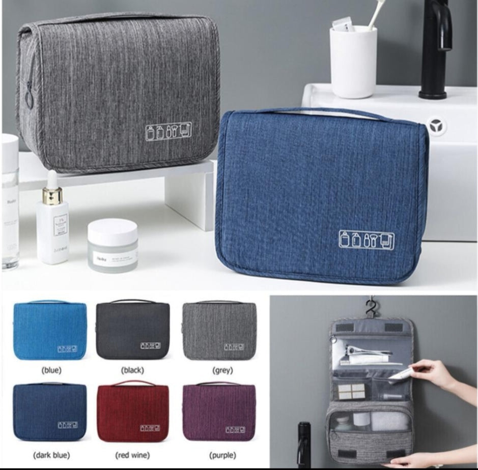 Neceser organizador colgante en gris y azul, con sus compartimentos