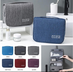 Neceser organizador colgante en gris y azul, con sus compartimentos