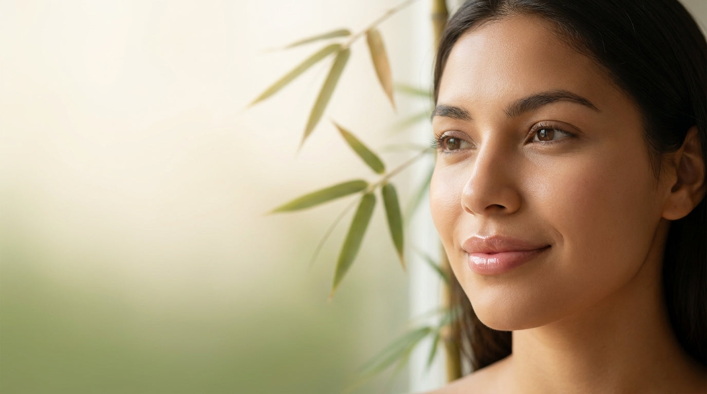 Mujer con labios hidratados y brillo natural junto a hojas de bambú, Panda Cosméticos Paraguay