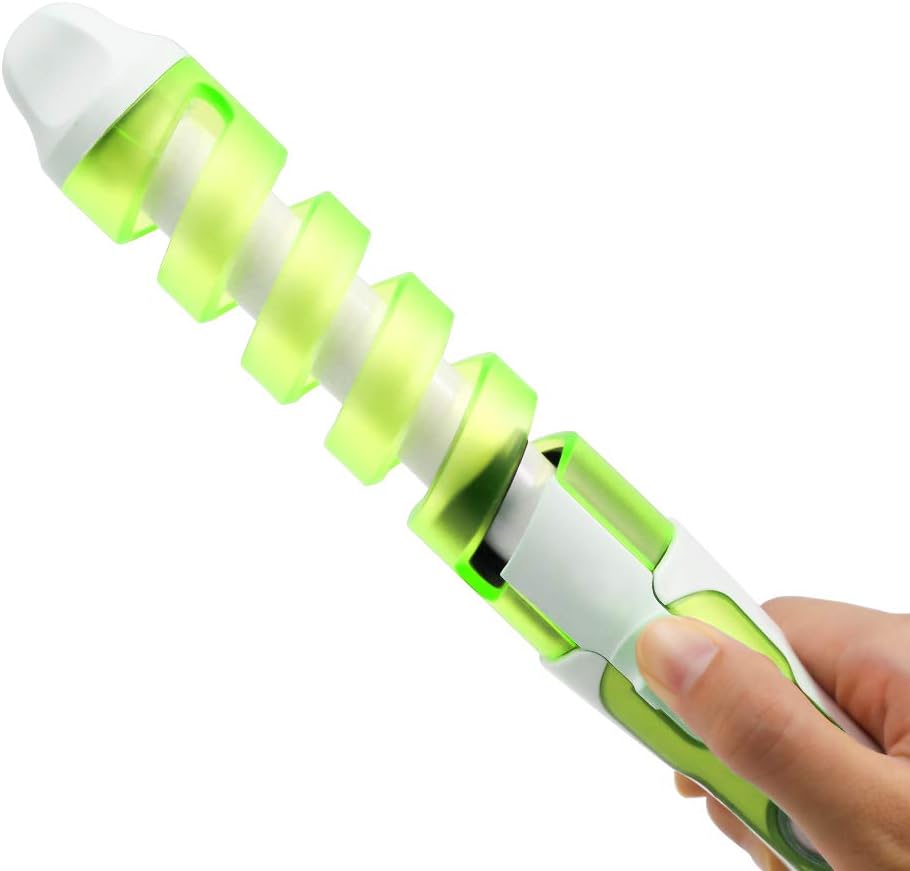 Rizador de pelo con barra en espiral verde y blanca, sostenido con la mano