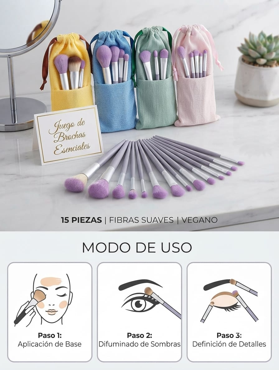 Set de brochas para maquillaje con estuche de tela, fibras suaves
