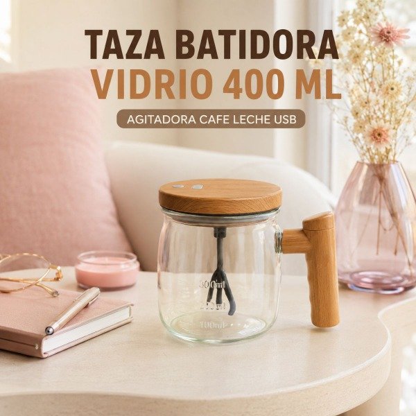 Taza batidora de vidrio de 400 ml con tapa y asa simil bambu, sobre una mesa