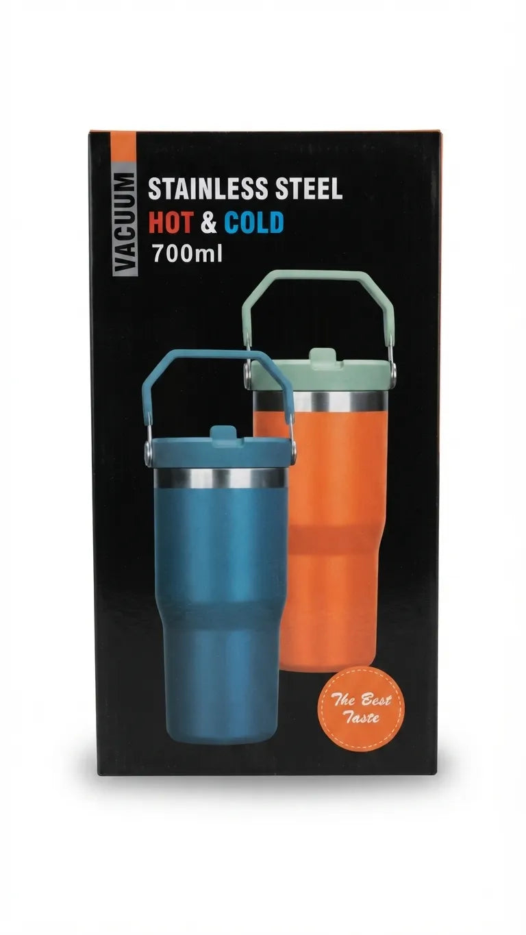 Termo de acero inoxidable de 700 ml con asa en la tapa, en azul y naranja